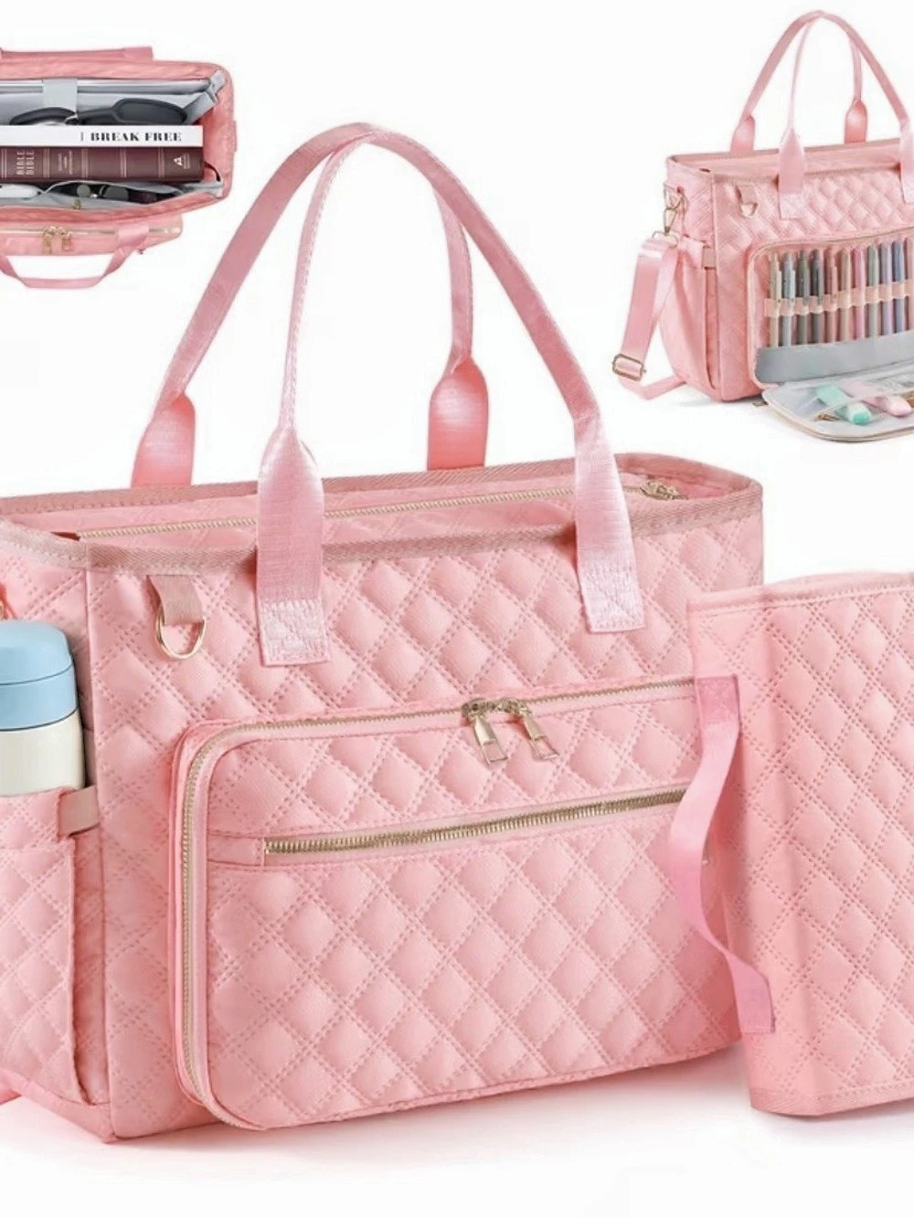 Pink Quilted Laptop Tote Handbag/Book Bag/Sewing Bag